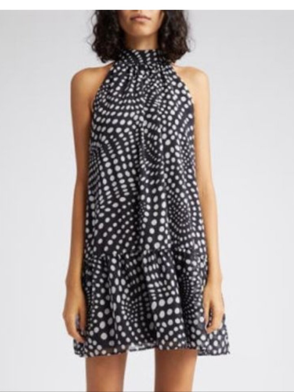 STAUD Marlowe Mini Dress In Wavy Dot Black and White Polka Dot Halter